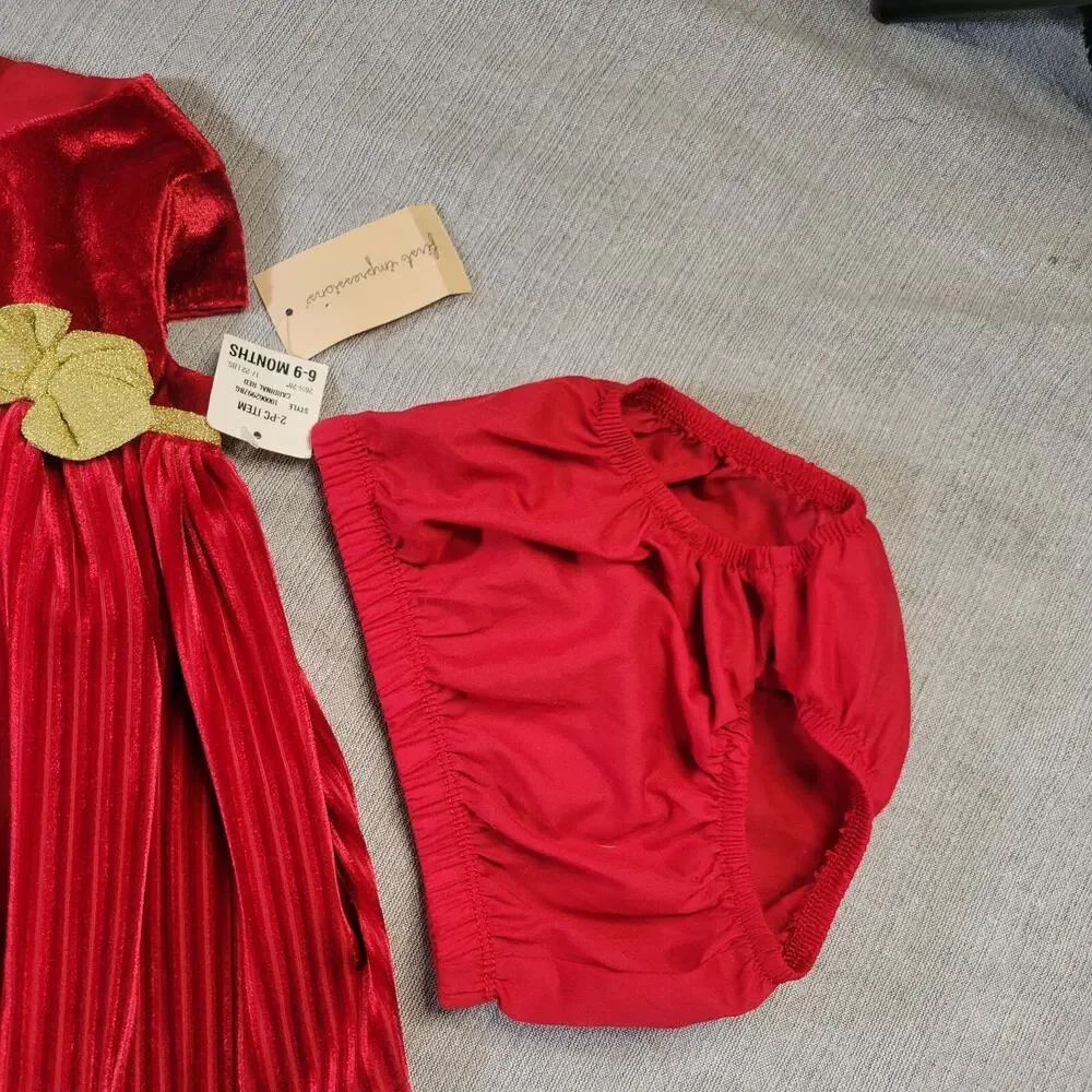 First Impressions 6-9 Months Red Velvet Holiday Dress Bloomers 2 PC Set NWT Baby